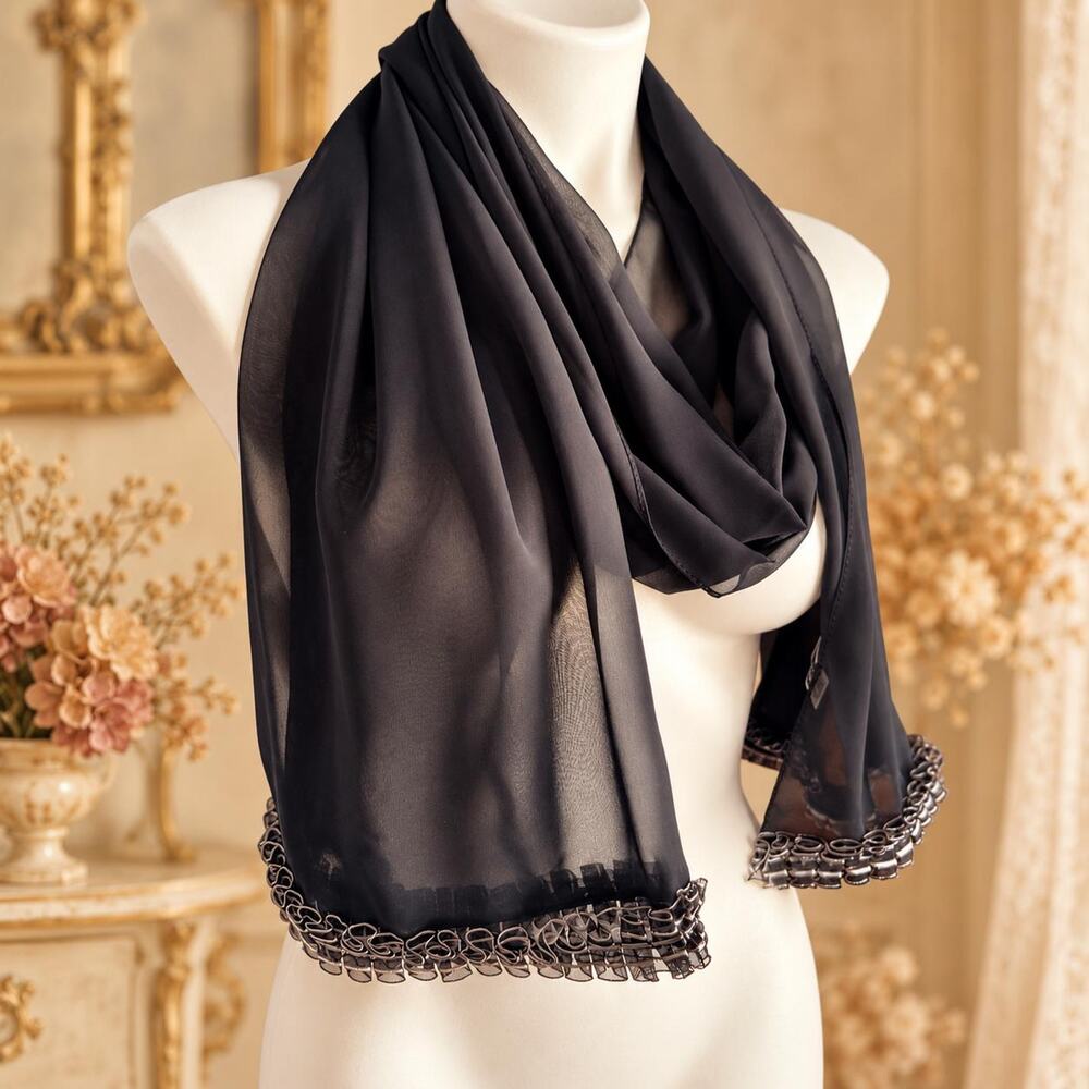 Vintage Halston 1990s Black Chiffon Silver Ruffle Evening Wrap Scarf 20x72
